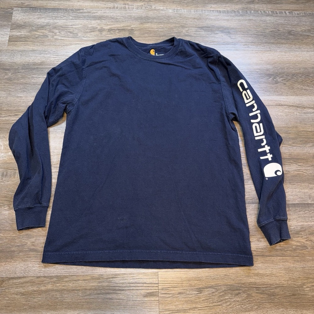 Carhartt Heavyweight Shirt Mens M Navy Blue K231 Loose Fit Spell-Out On Sleeve